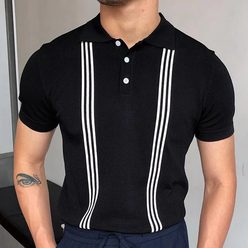 Retro striped knitted men's shirt summer casual breathable black slim fit men's pullover short sleeved button up collar top