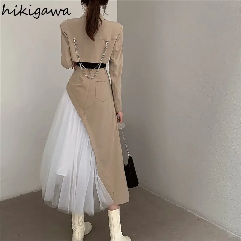 Fashion Two Piece Sets for Women Long Sleeve Temperament Crop Coat High Waist Patchwork Gauze Skirt Soutfits Casual Y2k Suit