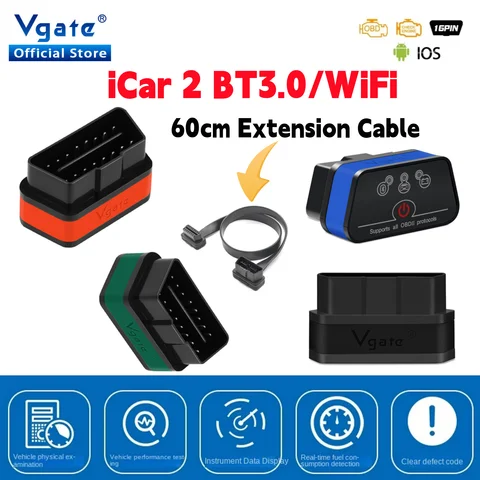 Vgate iCar2 자동차 진단 obd obd2 elm327 wifi 스캐너 자동 도구 연장 케이블 블루투스 iCar 2 v2.2 코드 리더 pk elm V1 5