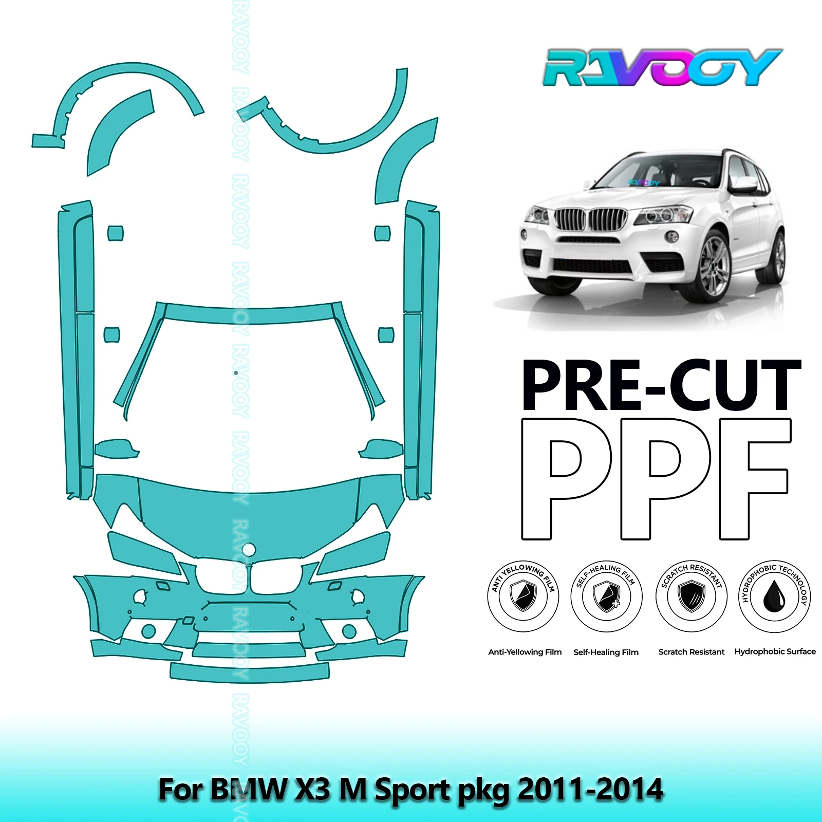 RAVOOY 8.5Mil Custom-Fit Precut TPU PPF Front Kit+Rockers Clear Bra Stone Guard EU UK For BMW X3 M Sport pkg 2011-2014