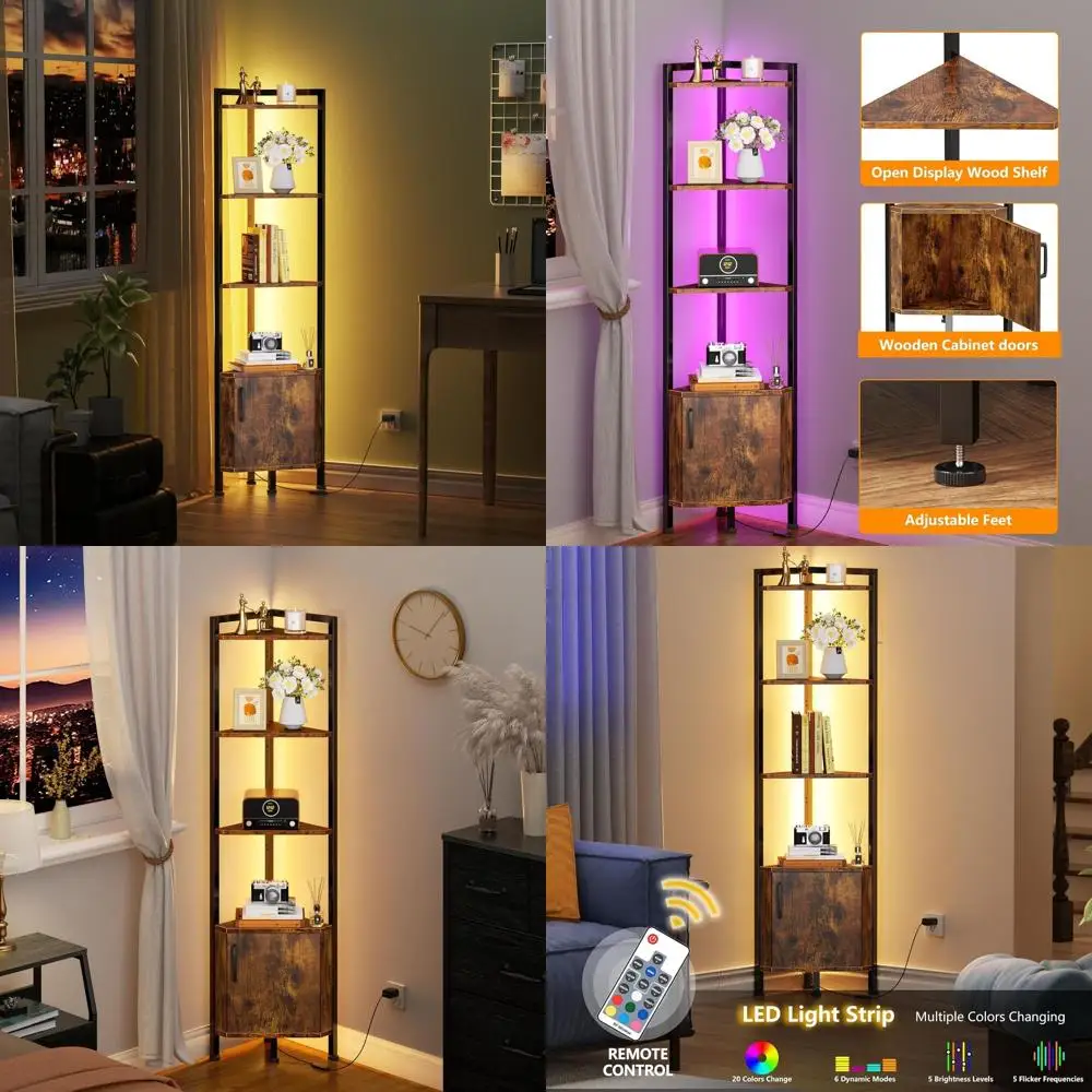 

5-Tier Corner Bookshelf with LED Light, 62.8 Tall Wooden Display Shelf for Home Storage (Rustic Brown)