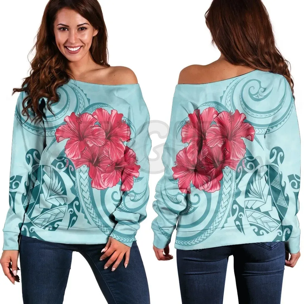 YX GIRL Hawaii Polynesian Turtle Hibiscus Blue 3D Printed Novelty Women Casual Long Sleeve Sweater Pullover