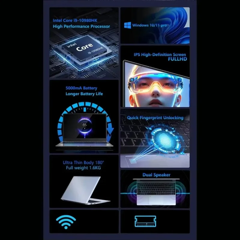 Intel Core i9-10980HK 15.6 Inch Laptop 16GB/ 32GB RAM DDR3 M.2 2048GB SSD Ultrabook Computer Fingerprint Unlock WIFI 5 BT