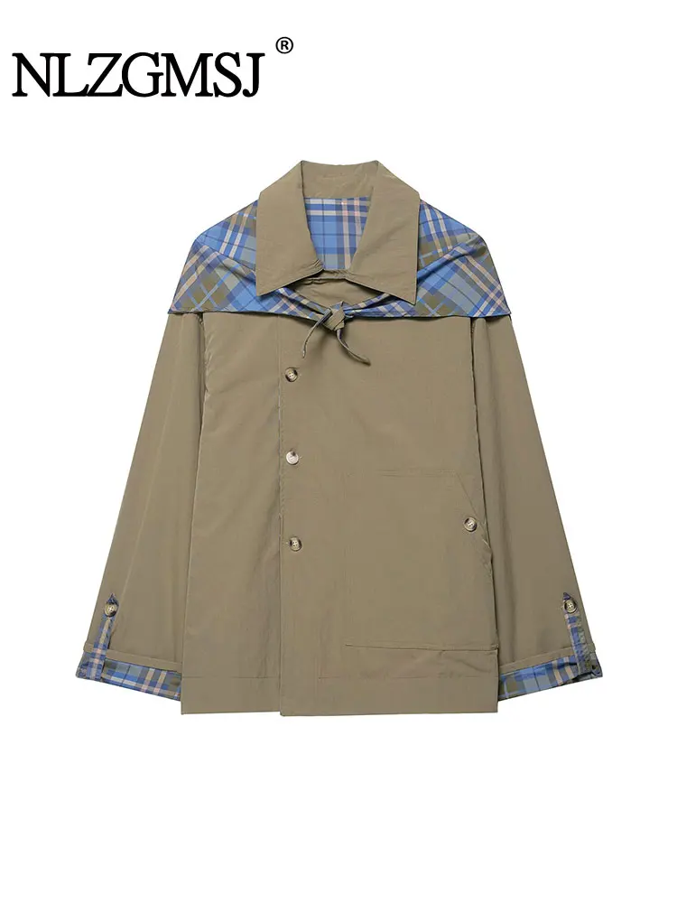 

NLZGMSJ женская осенне-зимняя новая ретро клетчатая куртка с воротником и длинными рукавами, вышитая карманами, двусторонняя куртка