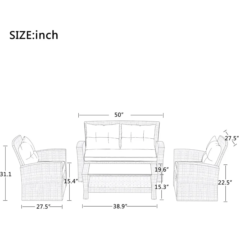 Patio Furniture Sets 4-Piece, All Weather Outdoor Sectional Sofa with Ottoman, Cushions&Glass Table W/Shelf, Garden Sofas