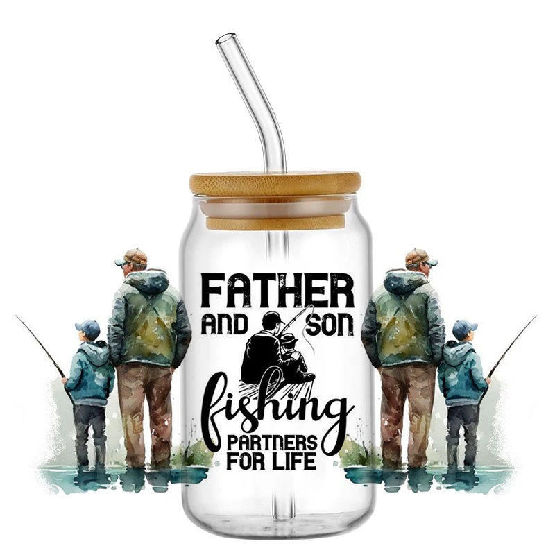 Fishing Dad Pattern UV DTF Sticker for 16oz Cup Wrap Transfer Sticker Custom Label DIY Self adhesive