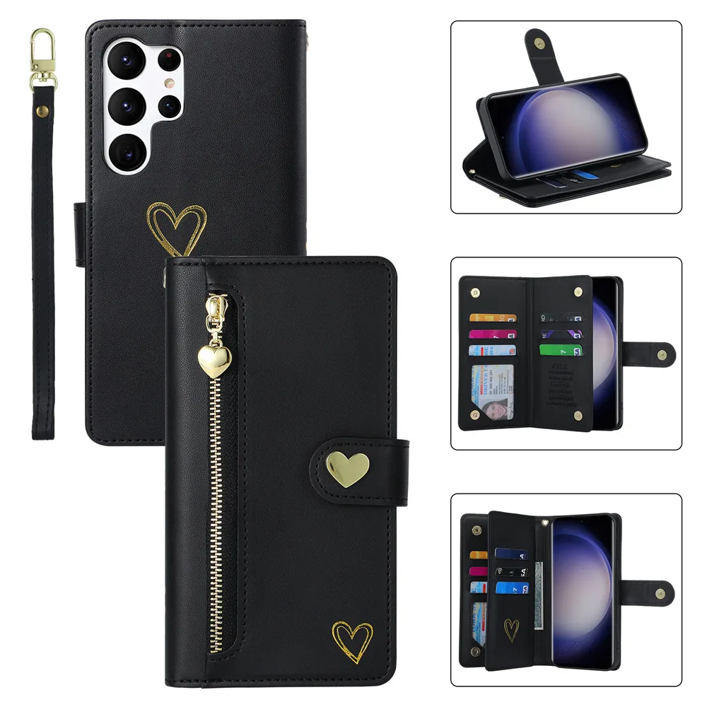 

Кожаный чехол-кошелек на молнии для iPhone Samsung Galaxy S24 Ultra S23 FE S22 Plus S21 S20 5G Love Heart Book Purse Cover