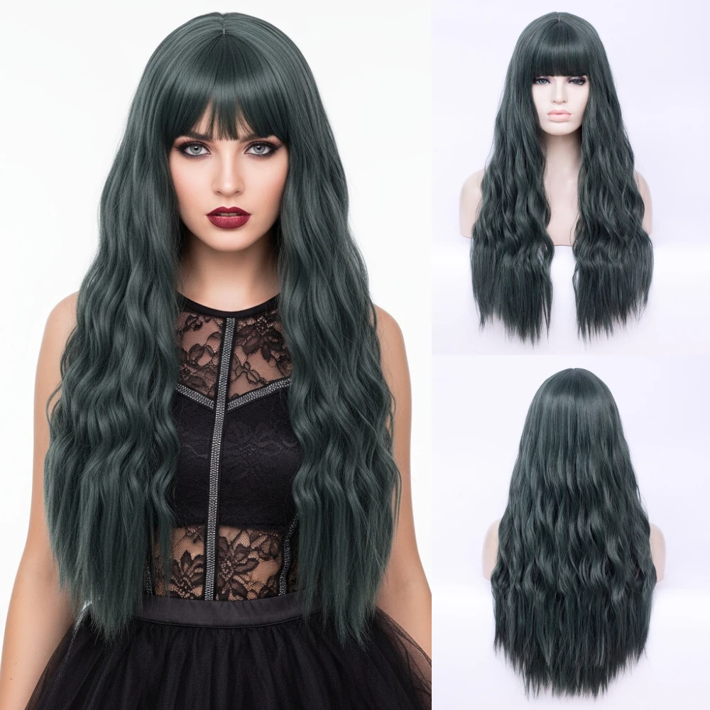 

Темно-зеленый синтетический парик, длинный волнистый парик с челкой, для повседневного использования, вечеринок, косплея, из термостойкого шелка, полностью закрывающий голову
