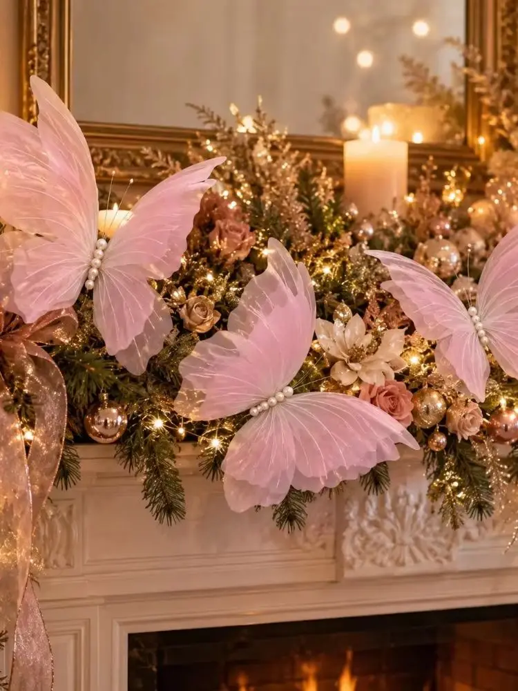 3 Stück große, hängende, rosa Schmetterlingsdekorationen für Weihnachten, Schmetterlinge aus seidenartigem Material mit Laserschimmer, Weihnachtsbaumdekoration – Detail 9