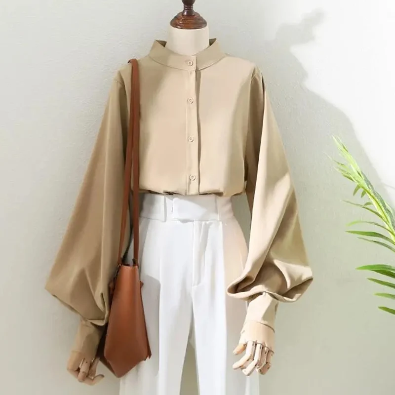 Rimocy Korean Lantern Sleeves White Shirt Women Loose Turn-down Collar Solid Blouses Woman Fashion OL Office Blouse Top Ladies