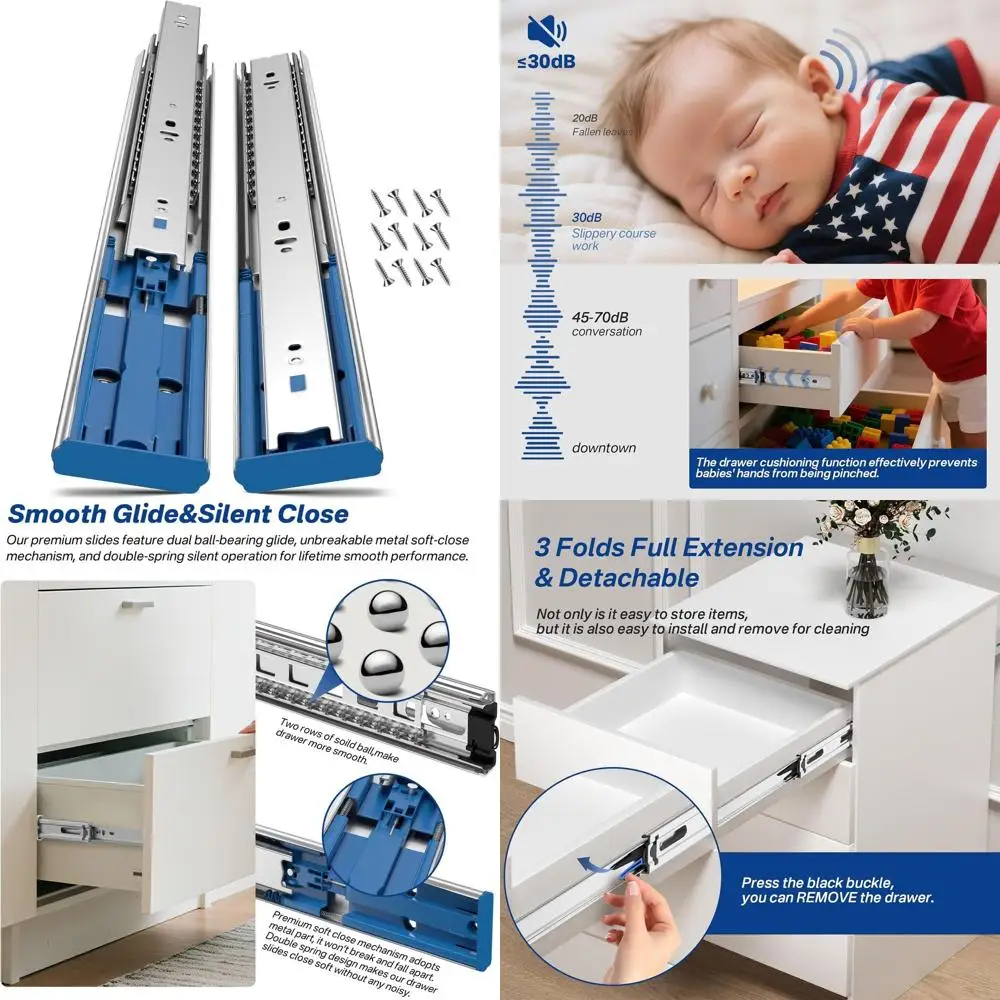 

16 прочных стальных 3-секционных направляющих для ящиков, 10 пар, полностью выдвижные, выдерживают нагрузку до 100 фунтов, для кухонных шкафов и офисной мебели