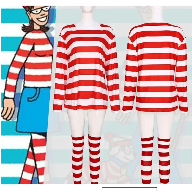 Горячие Wheres Waldo в полоску, молодежная детская рубашка Wally для мальчиков, очки и шляпа, носки, унисекс, для взрослых, семейный костюм на Хэллоуин, 5ftu^