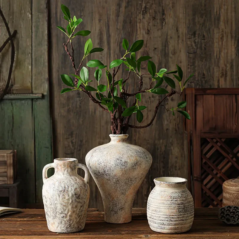 Chinese Zen Ceramic Vase Retro Coarse Pottery Jar Wabi Sabi Mottled Flower Arrangement Ornament for Countertop Home