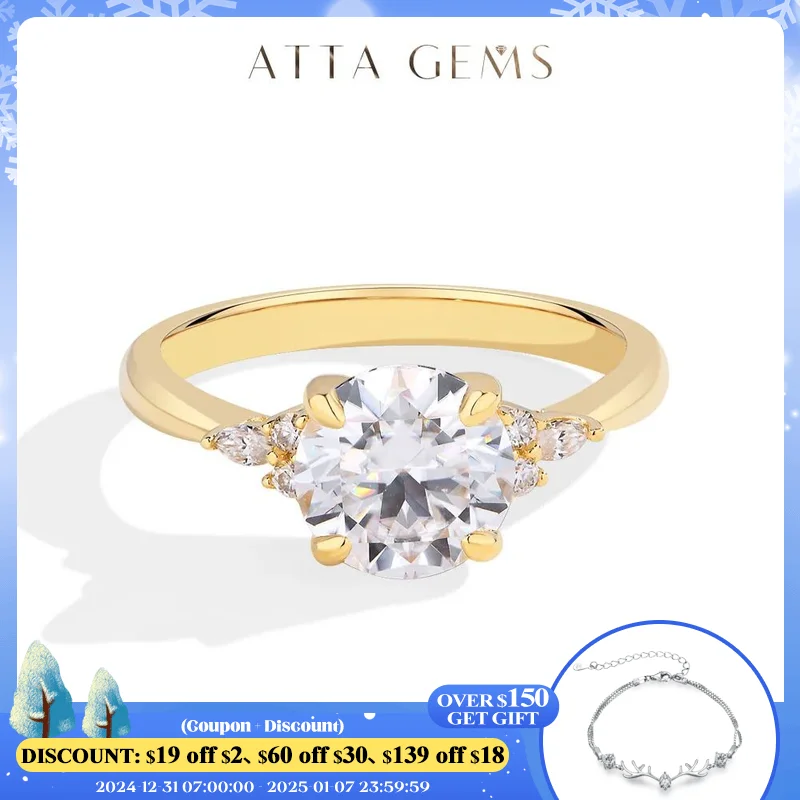 

ATTAGEMS Round Cut 2.0CT Moissanite Rings for Women Solid 10K 14K 18K Au585 Gold Engagement Wedding Jewelry With GRC Certificate