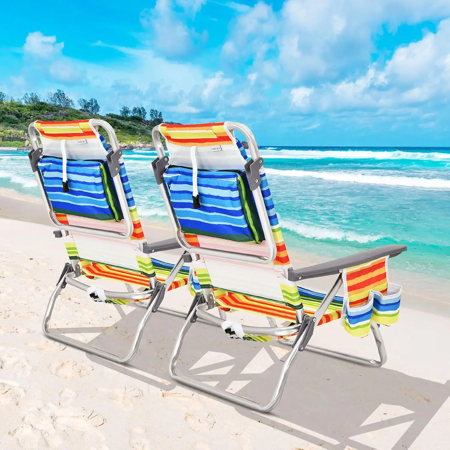 Beach Chair 4 Packs Camper Chair Sunbathing Chair with 5 Adjustable Position Headrest Storage Bag Towel Bar Cup Holder