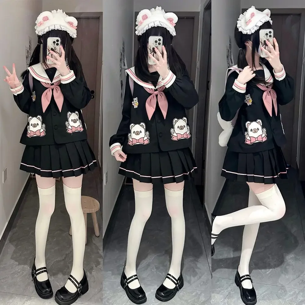 Black and Pink Princess JK Uniform Sailor Suit with Cute Bear Headband Japanese Korean Style Kindergarten Dress Spring Event