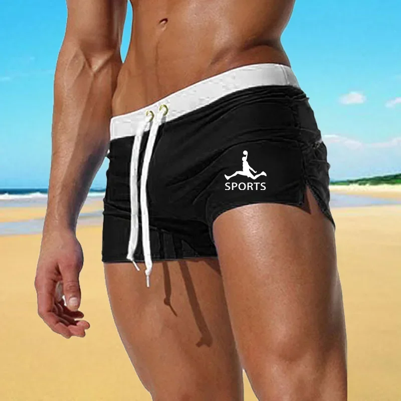 2024 Men\'s Beach Shorts Solid Color Fashionable Back Pocket Design Quick Drying Breathable Running Flat Angle Swim Shorts