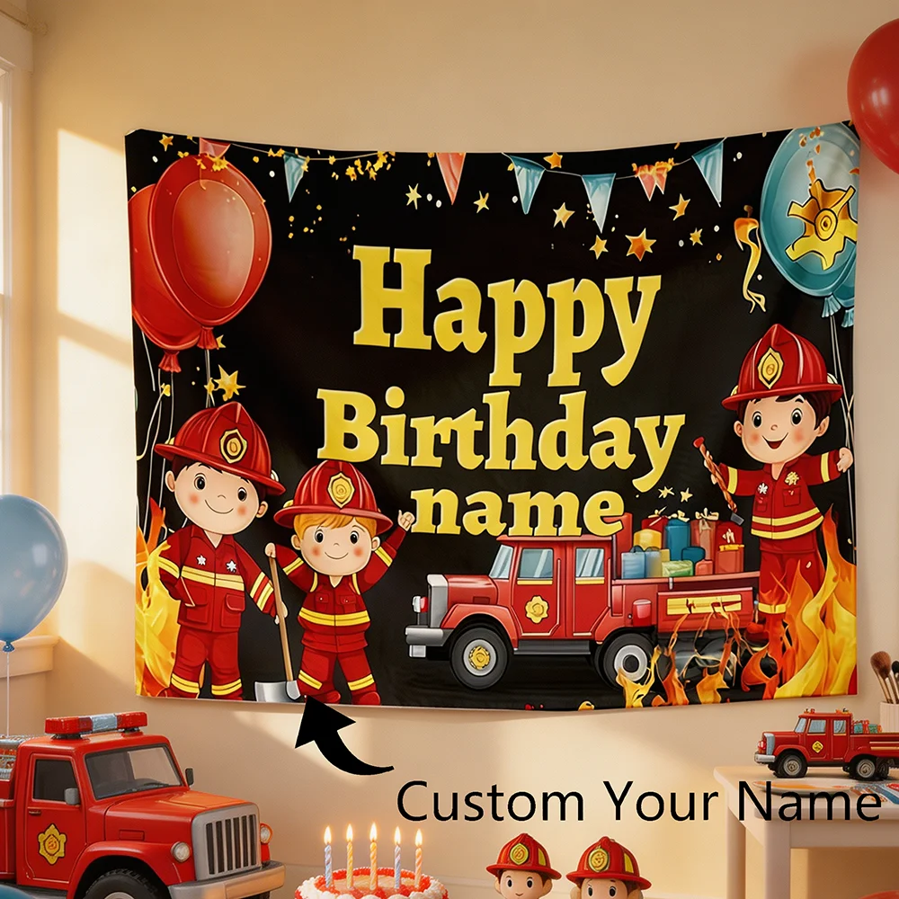 1PC Personalized Firefighter Birthday Tapestry Custom Name Fire Truck Flame Wall Hanging Boys Kids Bedroom Celebration Decor