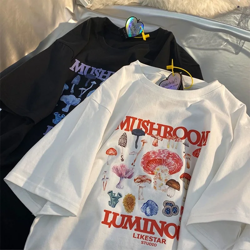 Cotton Vintage Mushroom Cute Print T Shirts Casual Short Sleeve Summer Large 2XL Woman Tshirts 2022 Fashion Streetwear Clothes