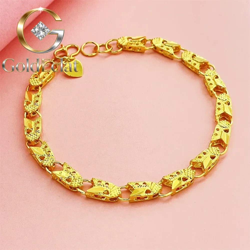 

GoldEclat Luxury 24K 9999 Pure Gold real gold Women's bracelet width 5MM lace heart fish bracelet