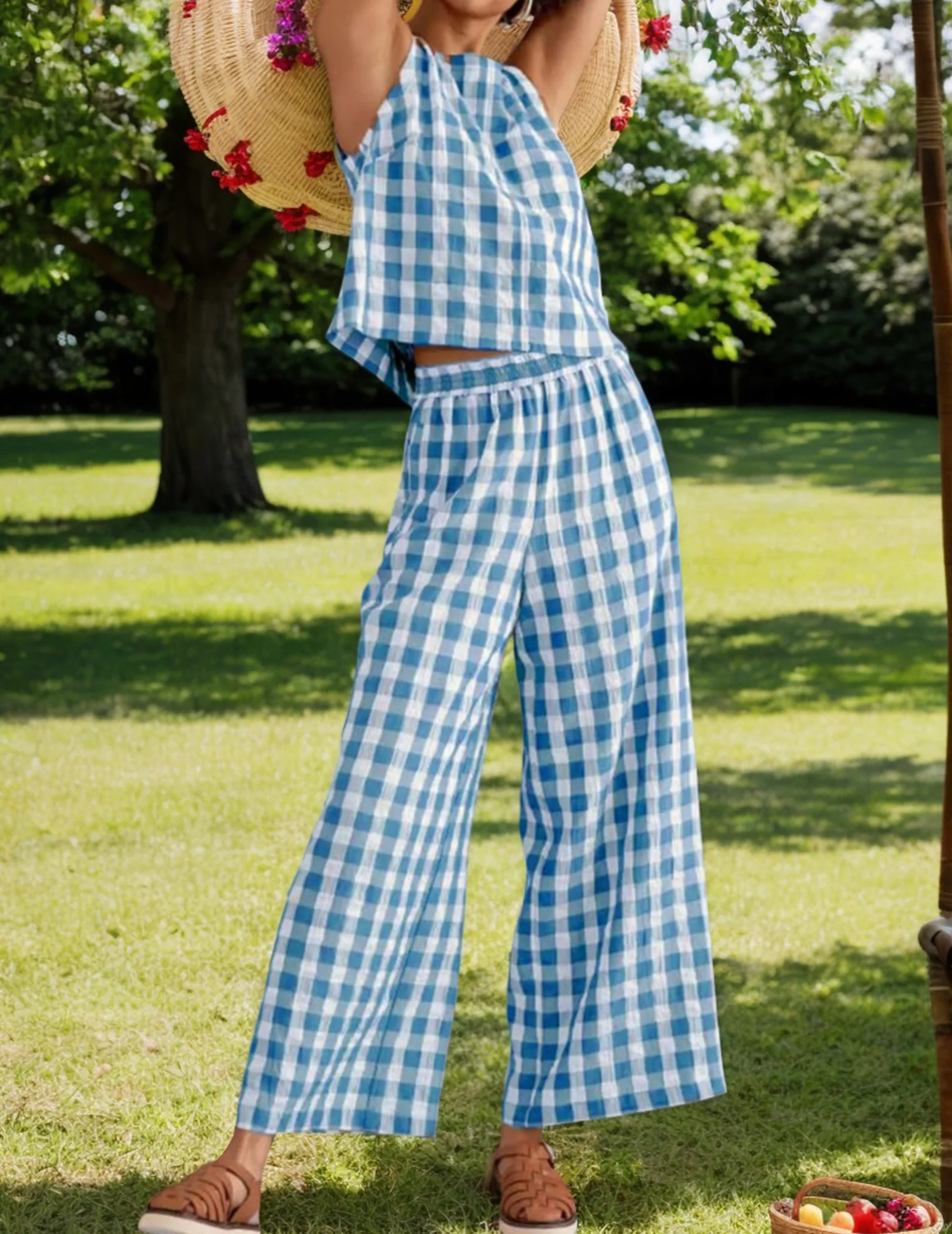 

Women 2Piece Summer Outfits Y2k Plaid Sleeveless Top Wide LegPant Matching Set Pajamas Lounge Set for Travel Vacation