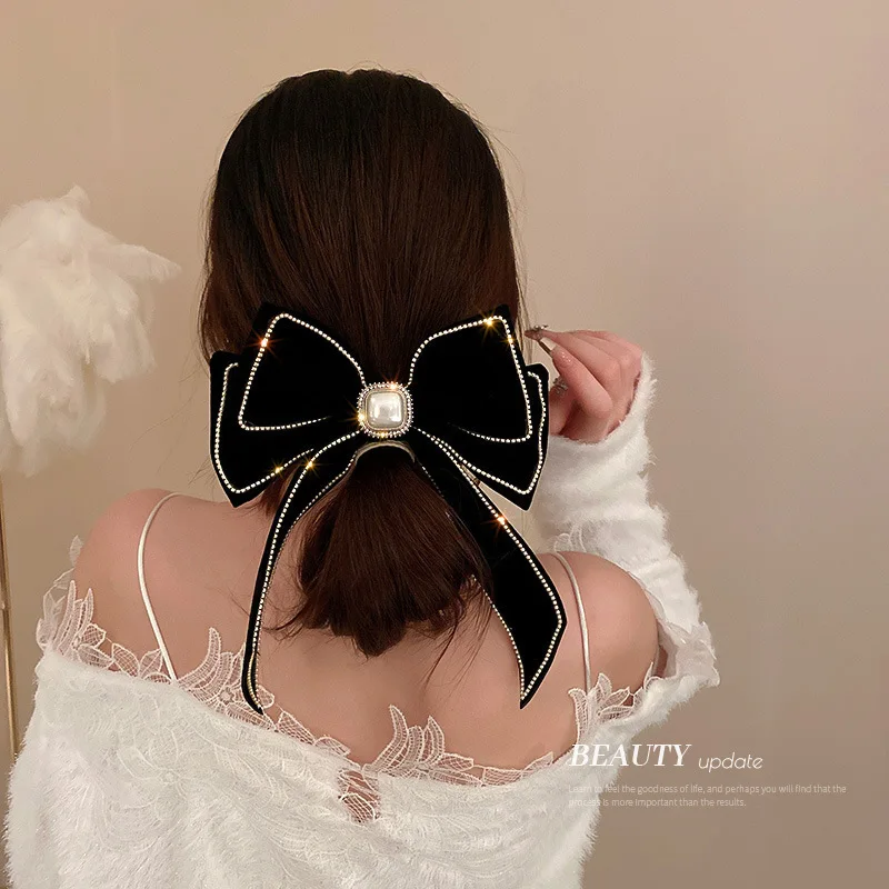 Korean Velvet Bow Hair Pins Fabric Rhinestone Pearl Hair Clips for Women Luxulry Jewelry Spring Clip Gils Hair Accessories