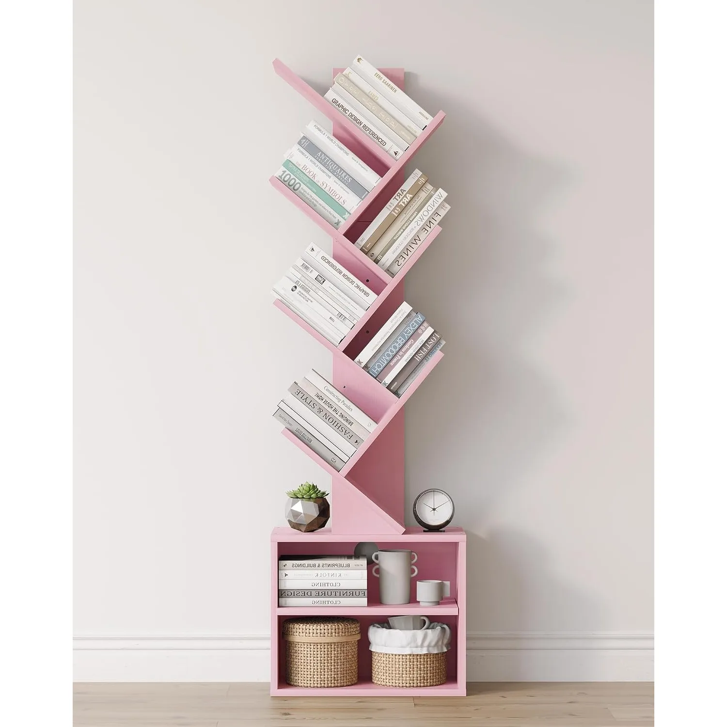 

6 Tier Tree Bookshelf, Tall Bookcase with Storage Cabinet, Modern Narrow Bookshelves Organizer, Floor Standing Book Shelf
