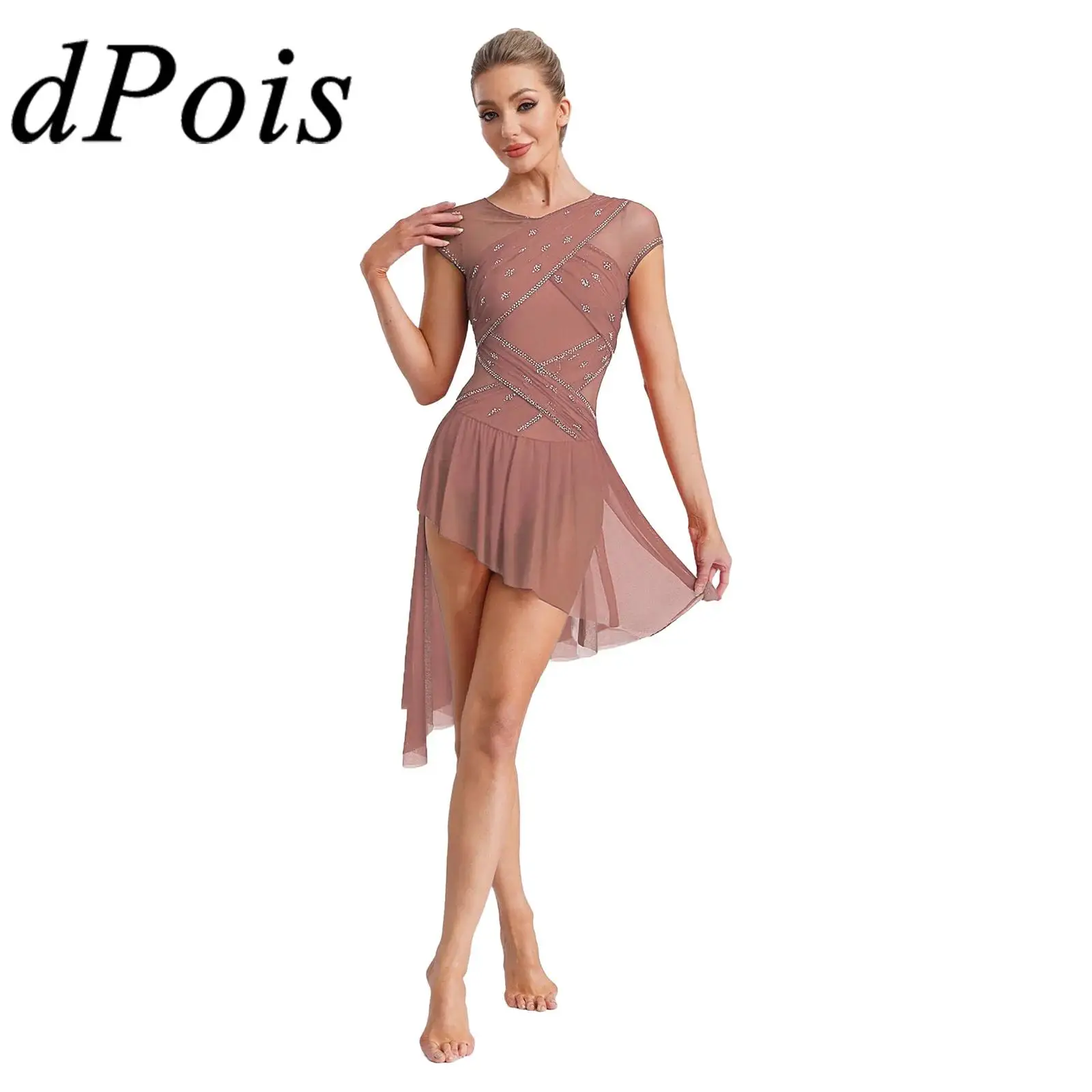 

Женский балетный лирический современный танцевальный костюм, трико для фигурного катания, сетчатое платье с нерегулярным подолом и стразами, гимнастическая танцевальная одежда