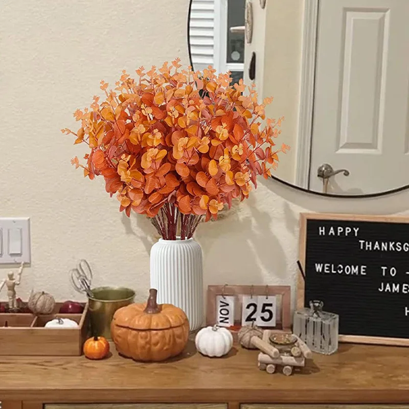 1 قطعة الخريف الزهور الاصطناعية أوراق الأوكالبتوس ينبع نبات صناعي فروع الأوكالبتوس لخريف المنزل الزفاف الجدول الخريف الديكور