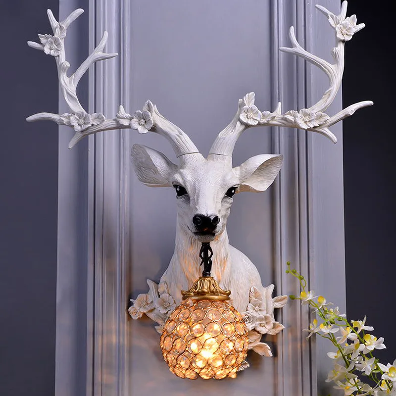 American Retro Lucky Deer Head applique da parete soggiorno cucina Nordic Resin Lamp simulazione Animal Decoration Bracket Lights