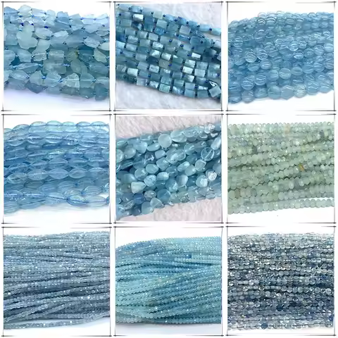 Natural Aquamarine Round Rondelle Raw Mineral Nugget Free Form Tube Columnar Rice Oval Edge Cube Coin Disc Beads Jewelry Making