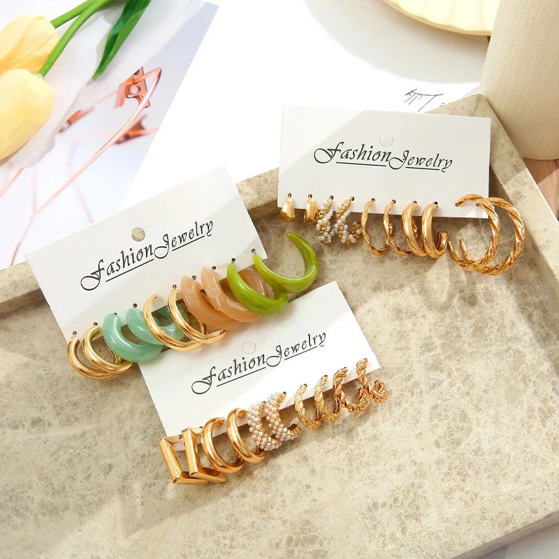 30 Pcs Boho Colorful Geometric C Alloy Resin Earrings For Women New Festive Parties In Europe And The United States Jewelry Gift