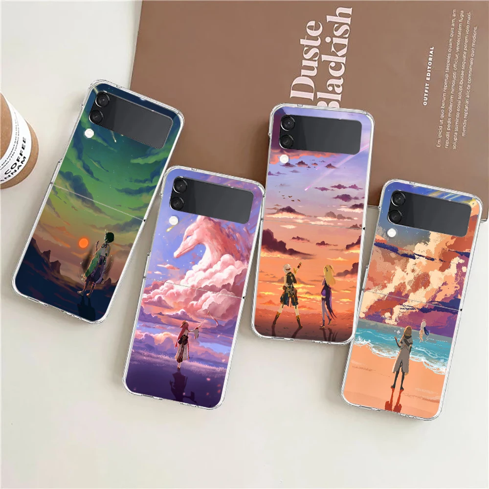 Genshin Impact Game landscape Clear Phone Case For Samsung Z Flip 4 5 Transparent High Hard PC For Galaxy Z Flip 3 5 Cover