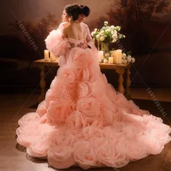 Luxury Pink 3D Rose Flowers Detachable Organza Train And Sleeves Romantic Bridal Jacket Wedding Accessories TSWD526