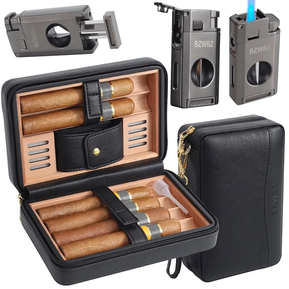 

Travel Cigar Humidor Set,Torch Lighter with Cigar V Cutter, Hole Punch, Spanish Cedar Wood Humidor,Black Leather