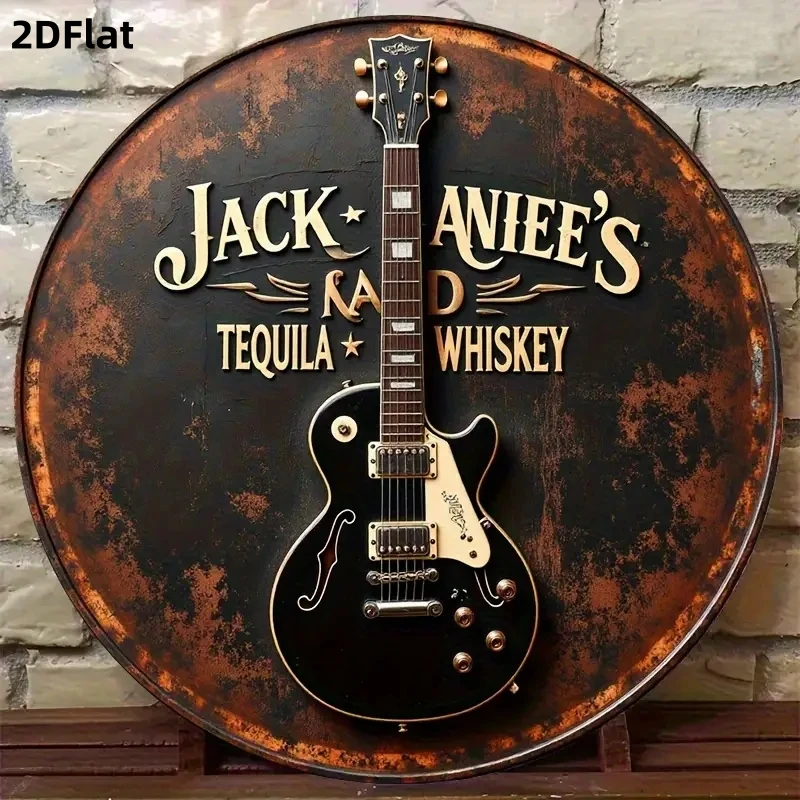 Placa de madera plana 2D para guitarra vintage y whisky tequila, arte de guitarra eléctrica, logotipo de barra vintage, decoración musical, 1 ud.