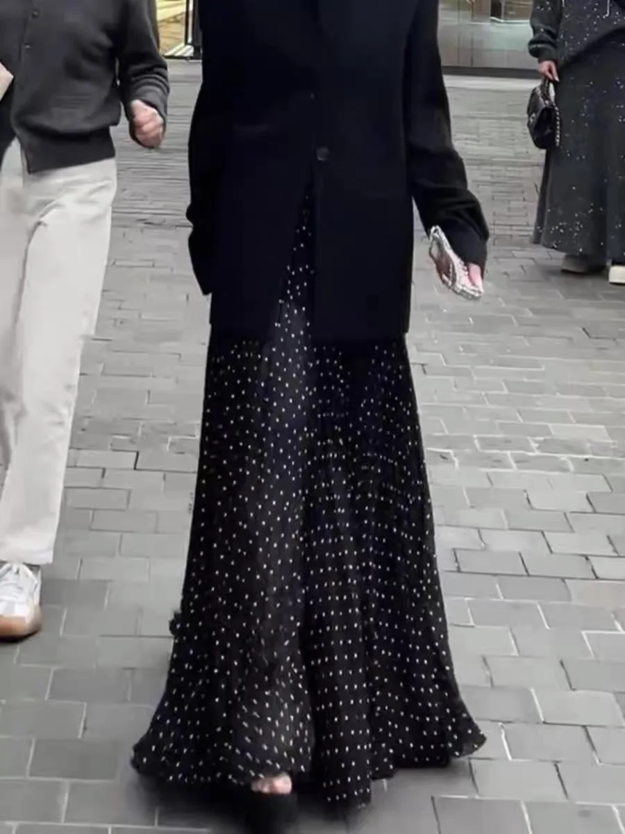 

Черная юбка-трапеция миди с высокой талией в горошек, женская весенняя утягивающая повседневная юбка с высокой талией, корейская юбка для поездок на работу