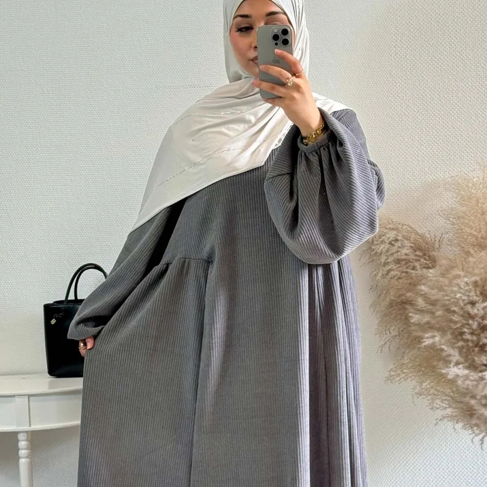 Corduroy Balloon Sleeve Abaya Autumn Winter Closed Abayas Dubai Turkey Luxury Robe Muslim Women Modest Dress Islamic Clothing