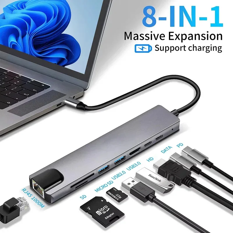 

Адаптер-концентратор USB C 8 в 1, 4K HDTV Type C к RJ45, устройство чтения карт SD/TF, быстрое зарядное устройство для MacBook, ноутбука, Windows, портативного компьютера
