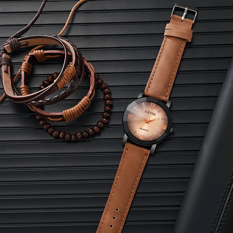 لا يوجد صندوق هدايا؛ ساعة ماسية مائية؛ ساعة بحزام جلدي عتيق؛ سلسلة ساعة رجالية عصرية من الخرز وسوار جلدي 4 قطع #4