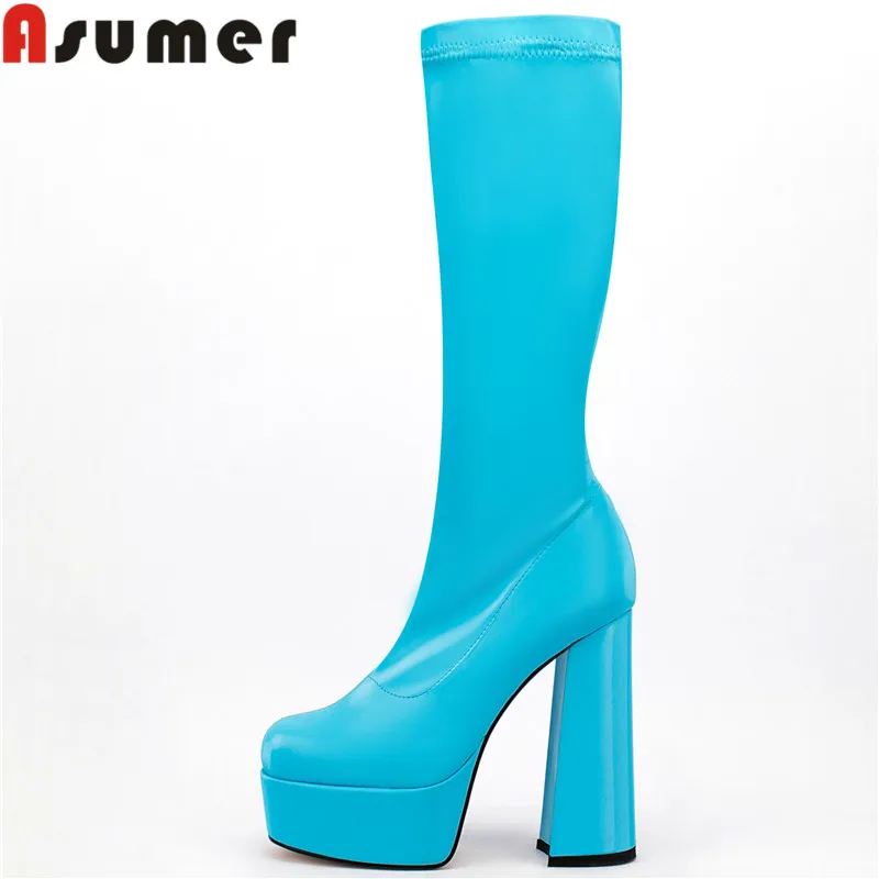 

ASUMER 2022 New Size 34-45 Thick Super High Heels Boots Woman Pu Knee High Stretch Boots Solid Ladies Platform Shoes