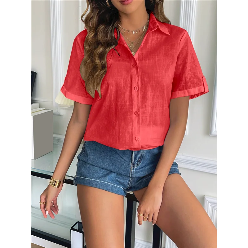 CYL-Camicia da donna con bottoni in cotone Camicia a maniche corte con orlo arrotolato Top estivo da donna in cotone da spiaggia casual con scollo a V