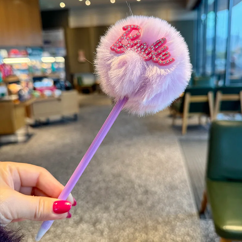 Kawaii Anime Diamond-Encrusted Barbie Cartoon Fur Ball Hand Account Pen Student Ballpoint Pen Cute Stationery Plush Pen