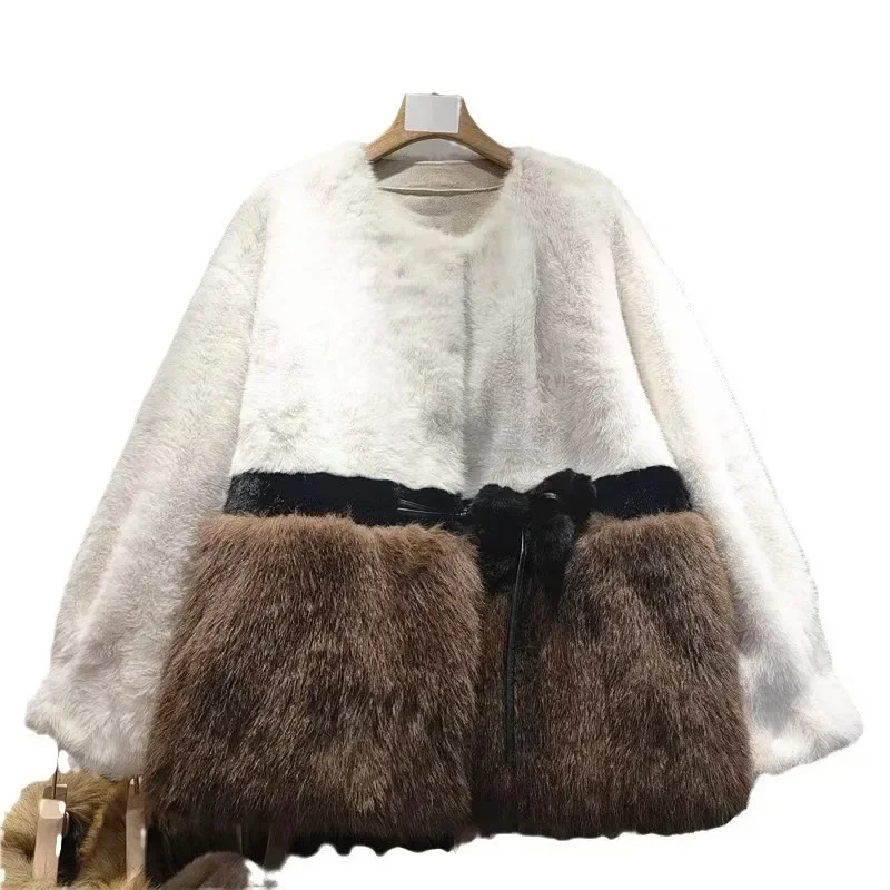 Women's 2024 Winter New Feminine Coat Color Matching Imitation Fox Hair Long-sleeve Round Neck Faux Fur Eco-friendly Mink Coats