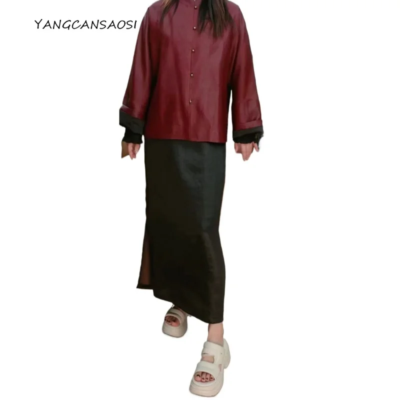 

Women's Fashion Clothing 100% Natural Mulberry Silk Gambiered Guangdong Gauze Elastic Waist Black Bag Hip Split One Step Skirt