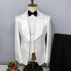 Traje de 3 piezas con estampado Floral para hombre, esmoquin ajustado, chaqueta con solapa, chaleco, pantalones, conjunto de fiesta de graduación, negocios, lujo, color dorado