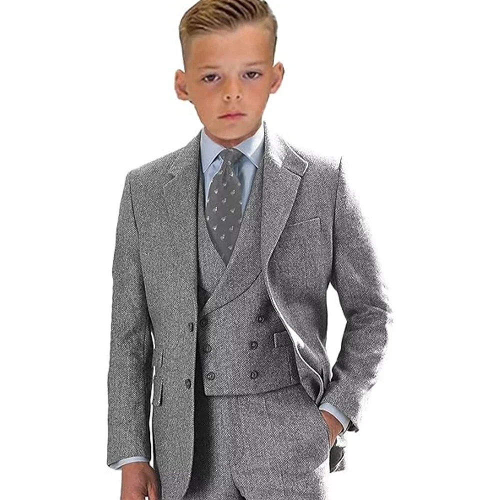 Ueteey Jongens Casual Suits 3-delige Single Breasted Pak Set Visgraat Tweed Blazer Vest Broek Voor Ringdrager Kids Smoking