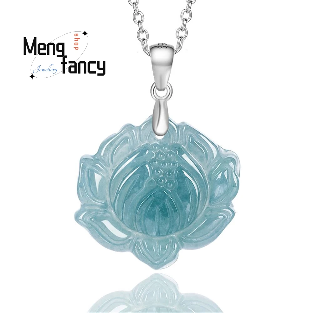 

Natural A-goods Jadeite Blue Water Lotus S925 Silver Ice Lotus Jade Pendant Exquisite Elegant High-grade Fashion Luxury Jewelry