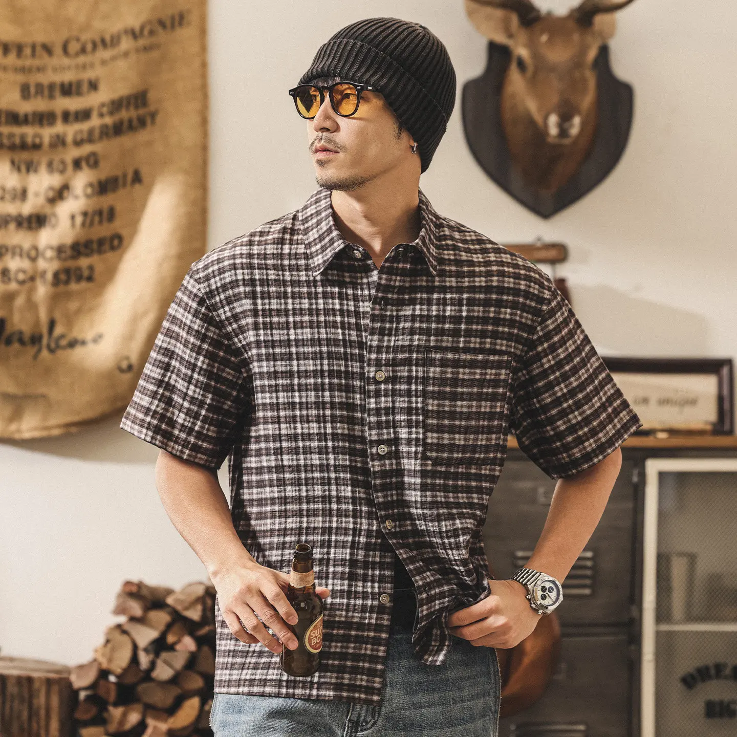 American Retro Washed Plaid Shirts For Men Oversized Short Sleeve Lapel Check Shirt Casual Loose Fit Pocket Summer Street Blouse