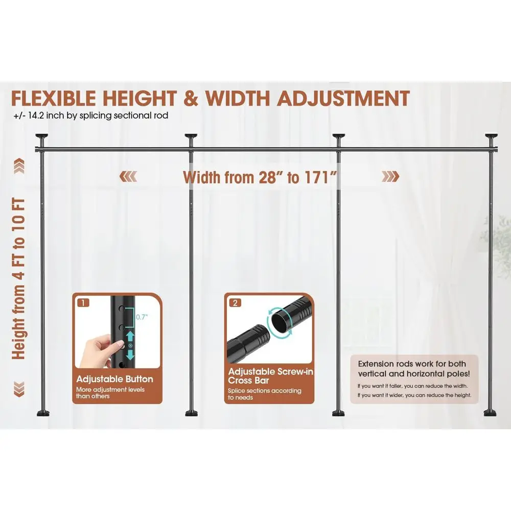 Adjustable Black Tension Curtain Rod for Room Dividers, 28-171in Width, 4-10ft Height